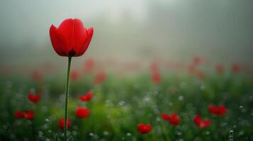 A single red tulip stands tall amidst a field of tulips in a misty environment. photo
