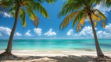 A serene beach scene with palm trees and turquoise waters under a bright blue sky. photo