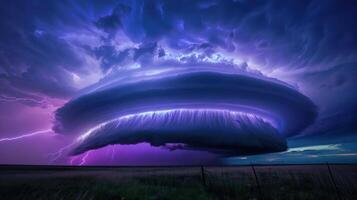 A dramatic storm cloud formation illuminated by lightning against a twilight sky. photo