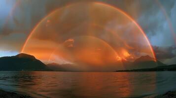 A stunning sunset over a lake with multiple rainbows arching across a dramatic sky. photo