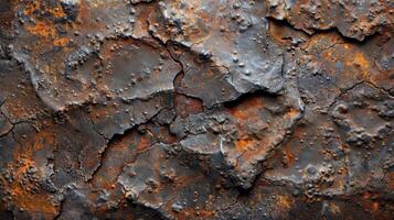 Close-up of a textured, weathered metal surface with rust and cracks. photo