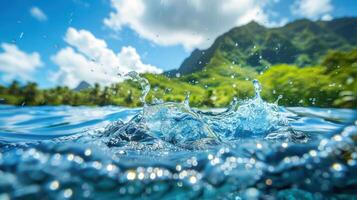A close-up view of water splashes with mountains and greenery in the background. photo