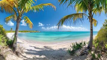 Serene beach scene with turquoise waters, palm trees, and a clear sky. photo