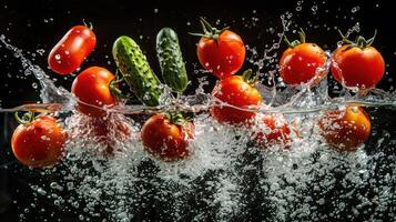 Fresh tomatoes and cucumbers splashing into water, showcasing freshness and vitality. photo
