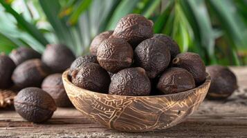 A bowl filled with dark, textured nuts placed on a wooden surface with green foliage in the background. photo