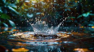 A close-up of water splashing in a serene natural setting, capturing motion and tranquility. photo