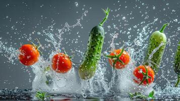 Fresh vegetables splashing in water, showcasing vibrant colors and dynamic movement. photo