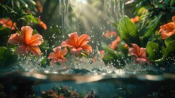 un vibrante submarino escena con floreciente flores y salpicaduras agua, capturar de la naturaleza belleza. foto