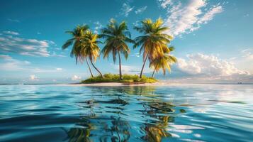 A tranquil tropical island with palm trees reflecting in calm waters under a bright sky. photo