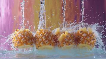 Fresh pineapples splashing in water against a colorful background. photo