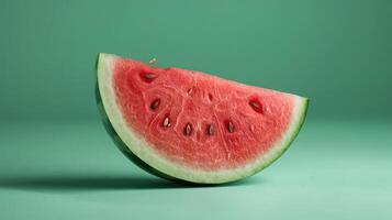 A slice of watermelon with a bite taken out, resting on a teal background. photo