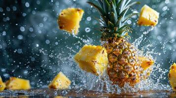 A pineapple splashes into water, with flying chunks creating a vibrant, refreshing scene. photo