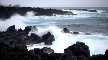 A dramatic coastal scene with waves crashing against rocky shores under a gray sky. photo