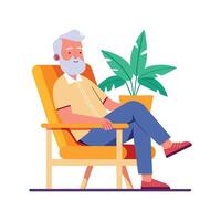 a flat illustration of an old man sitting on a single sofa with a blue pent wth planet pot vector