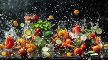 Vibrant splash of fresh vegetables and herbs creating a lively, dynamic scene. photo