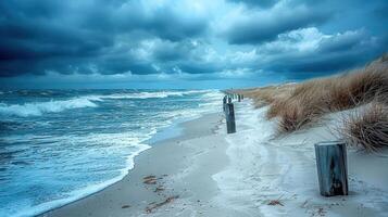 A serene beach scene with waves, sandy shore, and wooden posts under a cloudy sky. photo
