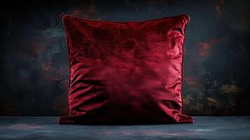 A plush red cushion against a textured dark background, emphasizing comfort and style. photo