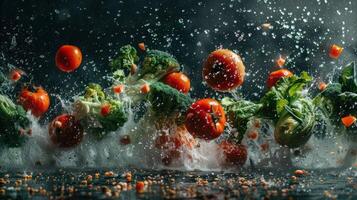 Vibrant splash of fresh vegetables and water, emphasizing freshness and culinary creativity. photo