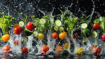 Fresh vegetables splashing into water, showcasing vibrant colors and freshness. photo
