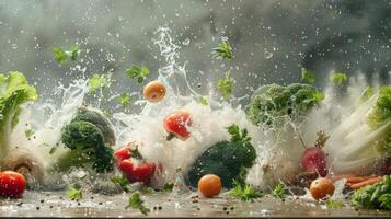 A dynamic splash of various fresh vegetables, highlighting their vibrant colors and textures. photo