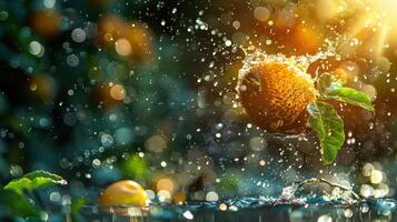 A splash of a fruit in water, capturing vibrant colors and dynamic motion. photo