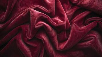 A close-up of luxurious, crumpled red velvet fabric showcasing texture and depth. photo
