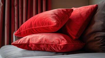 A cozy arrangement of plush red pillows on a sofa, enhancing comfort and decor. photo