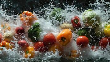 A dynamic splash of fresh vegetables in water, showcasing their vibrant colors and freshness. photo