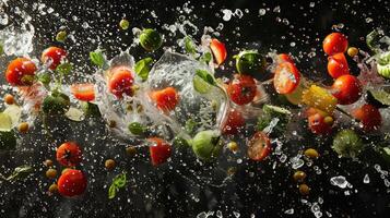 A dynamic splash of various fruits and vegetables in water, showcasing freshness and vitality. photo