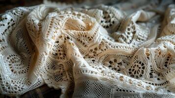 A close-up of intricate lace fabric, showcasing its delicate patterns and textures. photo
