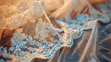 Delicate lace fabric with intricate floral embroidery, softly illuminated. photo