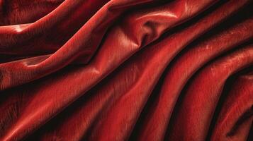 A close-up of luxurious red fabric, showcasing its texture and folds. photo