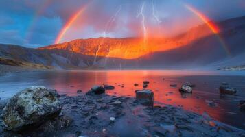A stunning landscape with a rainbow, lightning, and a serene lake at sunset. photo