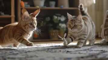 Two playful cats engaged in a fun chase on a cozy rug in a home setting. photo