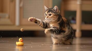 A playful cat reaching for a toy duck and a treat on the floor. photo
