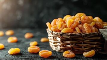 A woven basket filled with dried apricots, with some scattered on a dark surface. photo