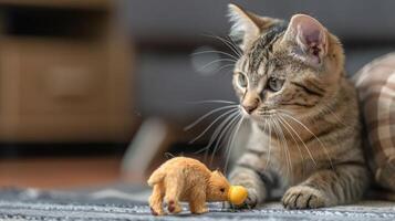 A curious cat interacts with a small toy on a cozy rug. photo