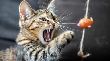 A playful kitten reaching for a toy on a string, showcasing its excitement and curiosity. photo