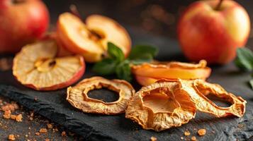 Dried apple slices on a slate board with fresh apples and mint leaves. photo