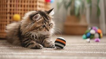 A playful cat interacts with a colorful ball in a cozy indoor setting. photo