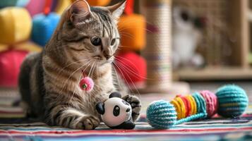 A playful cat engages with colorful toys on a vibrant rug. photo