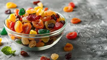 A bowl of colorful dried fruits arranged on a textured surface. photo
