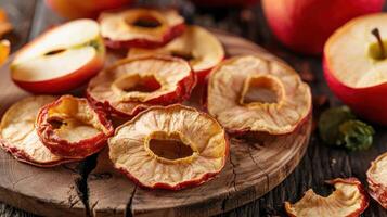 Dried apple slices on a wooden surface with fresh apples in the background. photo