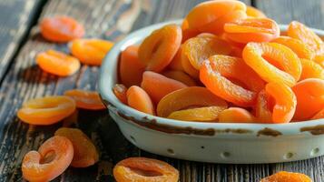 A bowl of dried apricots on a wooden table, showcasing their vibrant orange color. photo