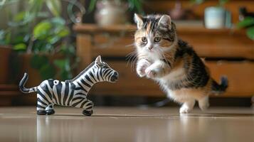 A playful kitten leaps towards a toy zebra, capturing a moment of curiosity and fun. photo