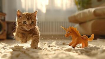 A playful kitten leaps towards a toy unicorn in a sunlit room. photo