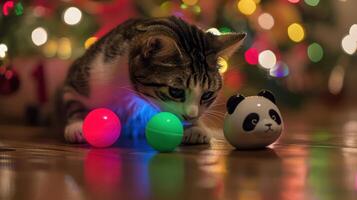 A playful cat interacting with colorful balls and a panda figurine, set against festive lights. photo