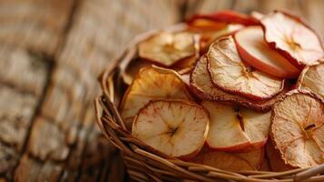 A basket filled with dried apple slices on a rustic wooden surface. photo