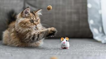 A playful kitten reaches for a toy mouse while a treat is tossed in the air. photo