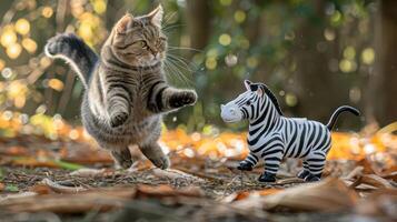 A playful cat leaps towards a toy zebra in a natural setting. photo